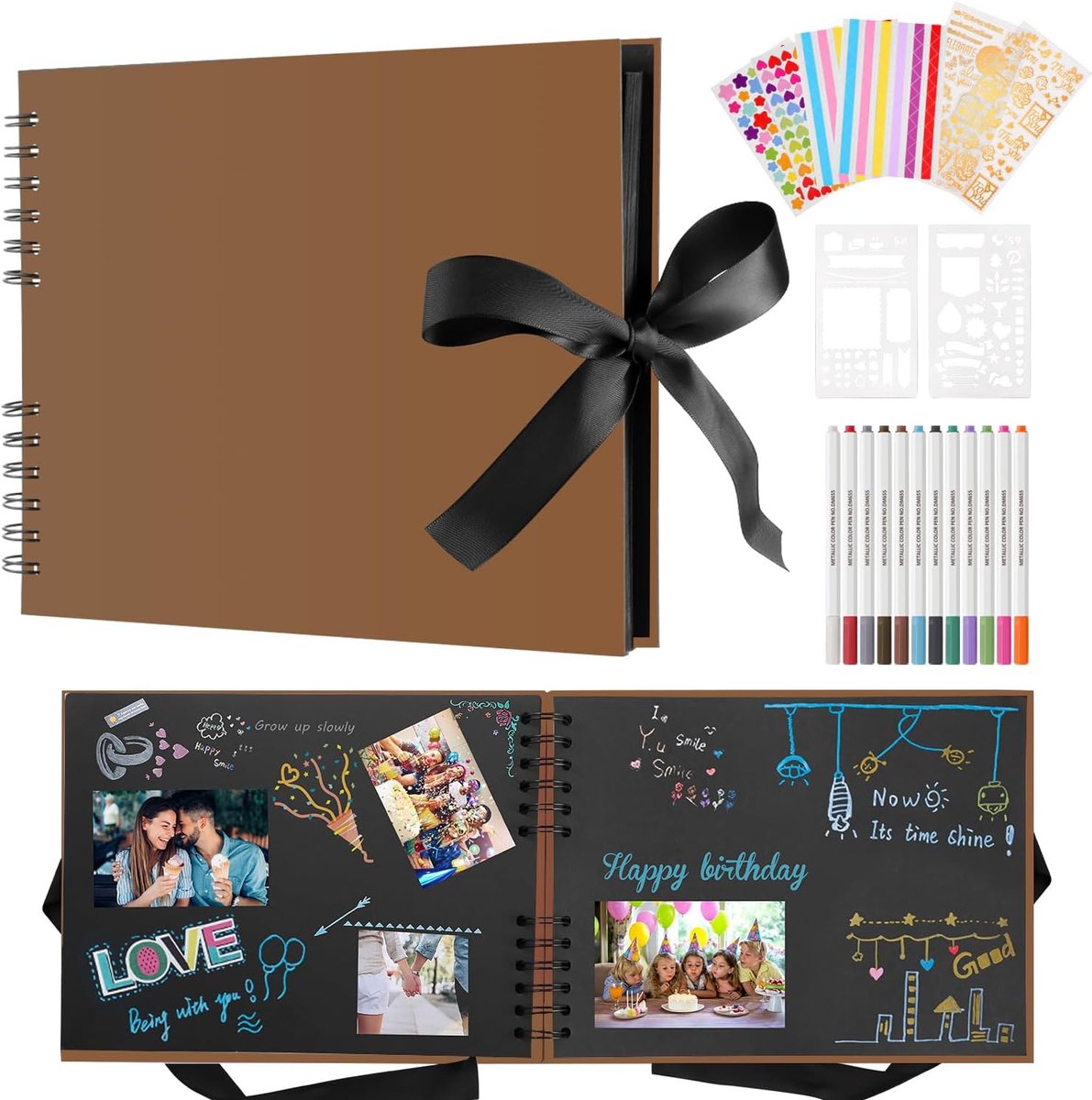 SnelShoppen - Scrapbook Photo Album 80 Zwarte Bladzijden, DIY Fotoalbum 38 x 20 cm, Met 12 Metallic Stiften en Foto Stickers voor Baby, Kinderen, Fami
