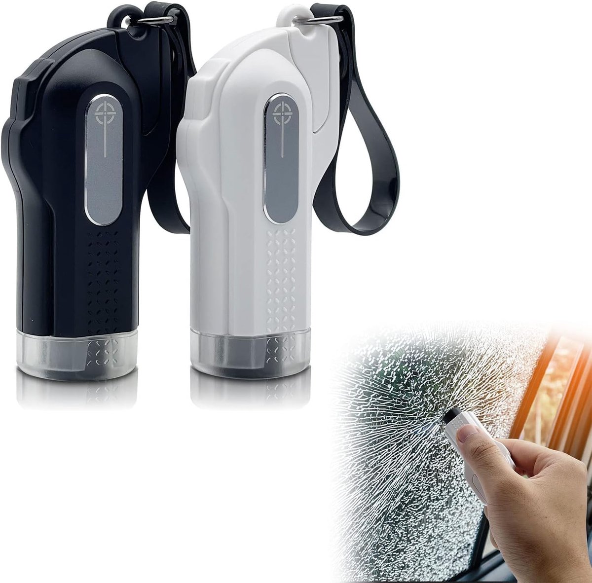 SnelShoppen - 2pcs Noodhamer voor Auto, Ramenbreker en Veiligheidsgereedschap, 2-in-1 Gordelsnijder, Compact en Draagbaar, Zwart/Wit, Essentiële Hulp
