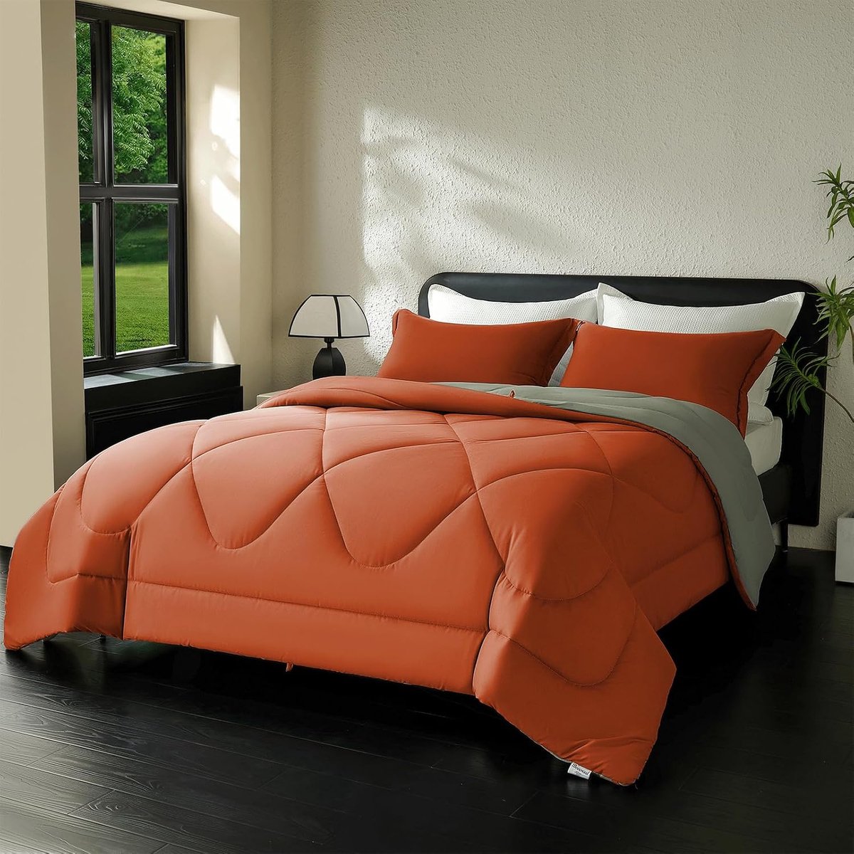 SnelShoppen - All-year dekbed 240x220 cm, omkeerbaar, Oeko-Tex gecertificeerd, 300 g/m², 4 seizoenen, microvezel, terracotta en donkergroen, inclusief