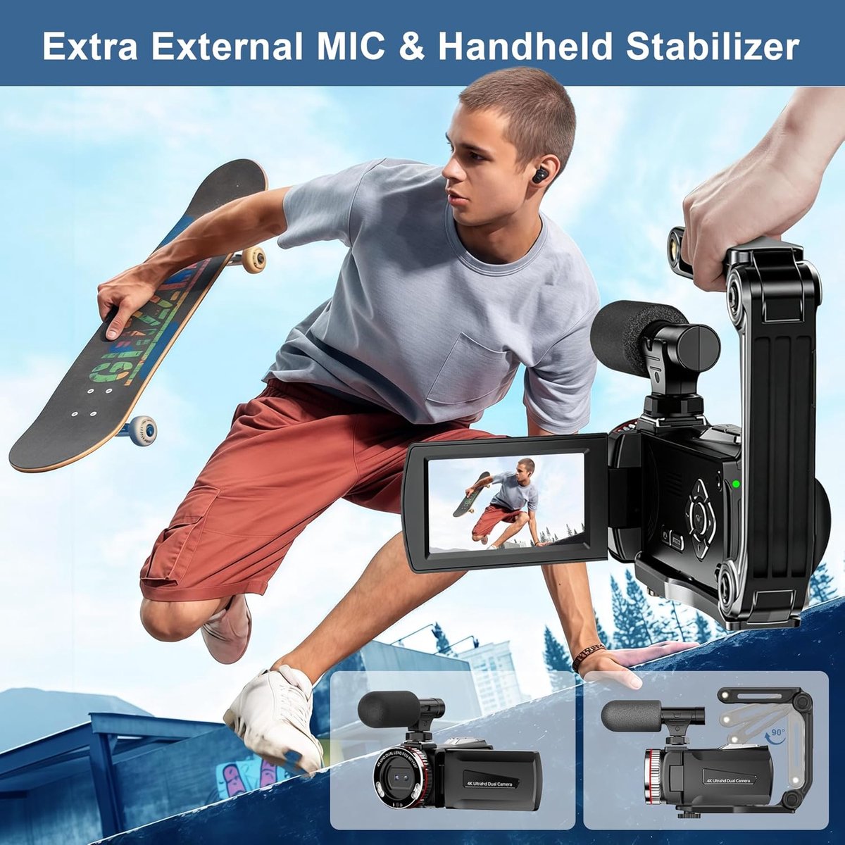 SnelShoppen - 4K videocamera 64 MP Digitale Camcorder 60 FPS met Stabilisatie, Draagbare Vlogging Camera voor YouTube, Inclusief Microfoon, 2 Batterij thumbnail 3