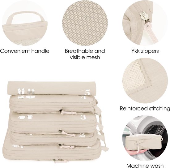 Set van 5 Compressie Inpakzakken voor Koffers - Organizers voor Reisaccessoires met Schoenentas - Scheurbestendige Reiszakken met ID-label — afbeelding 5