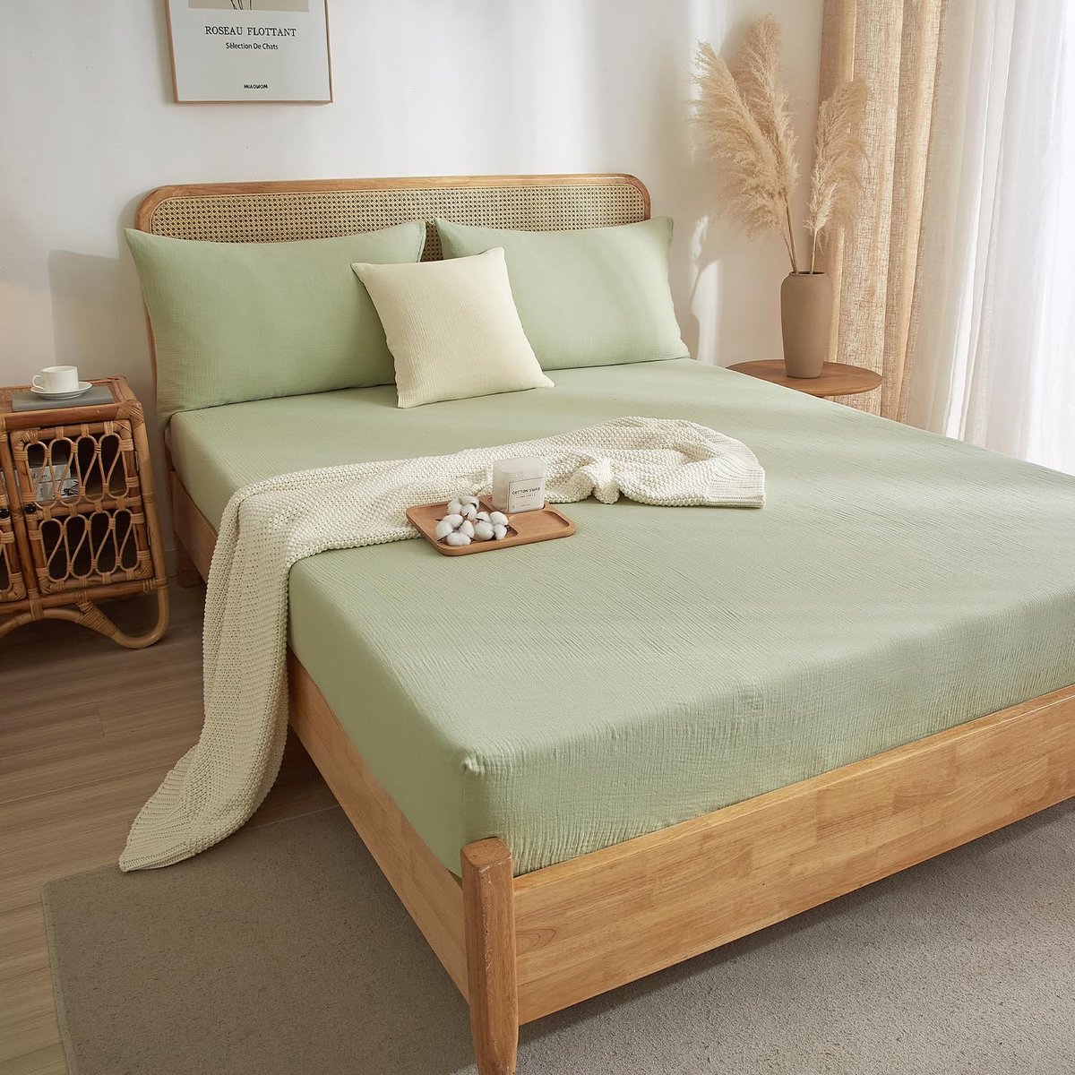 SnelShoppen - Fitted Sheet 120x200 Muslin Lichtgroen Stretch Katoenen Spannsheet Set voor Boxspring Bed 25-30 cm Hoog - Ideaal voor Waterbedden en Com