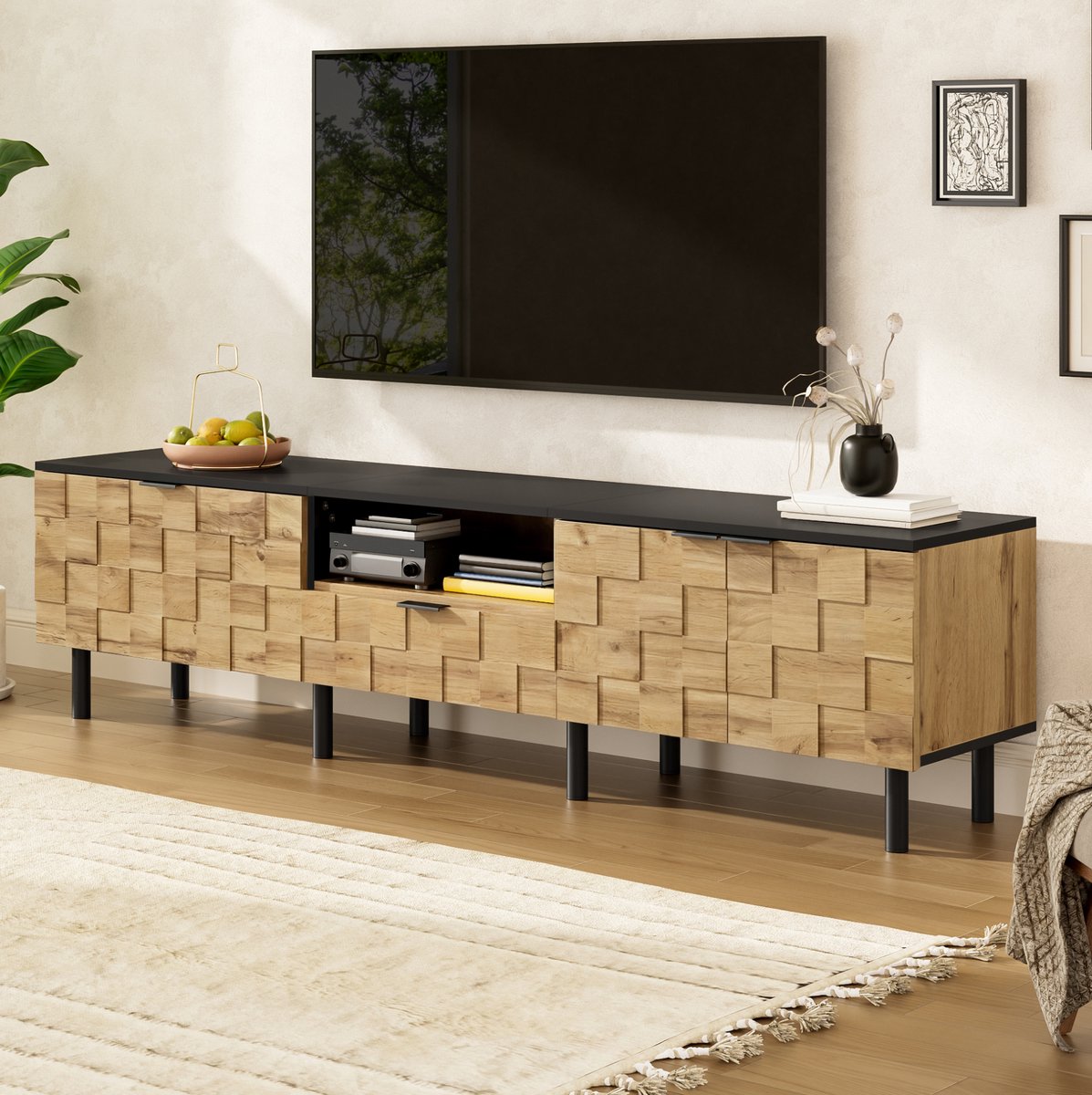 Wishdor - TV-meubel - Mosaiekdeuren - 2 deuren, lade en open vak met kabeldoorvoer - modern Scandinavisch - woonkamer - houtlook en metaal - naturel zwart - 170 cm