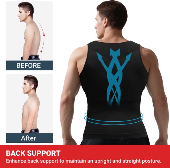Man met zwarte corrigerende tanktop, met 'voor' en 'na' afbeeldingen die rugondersteuning tonen.