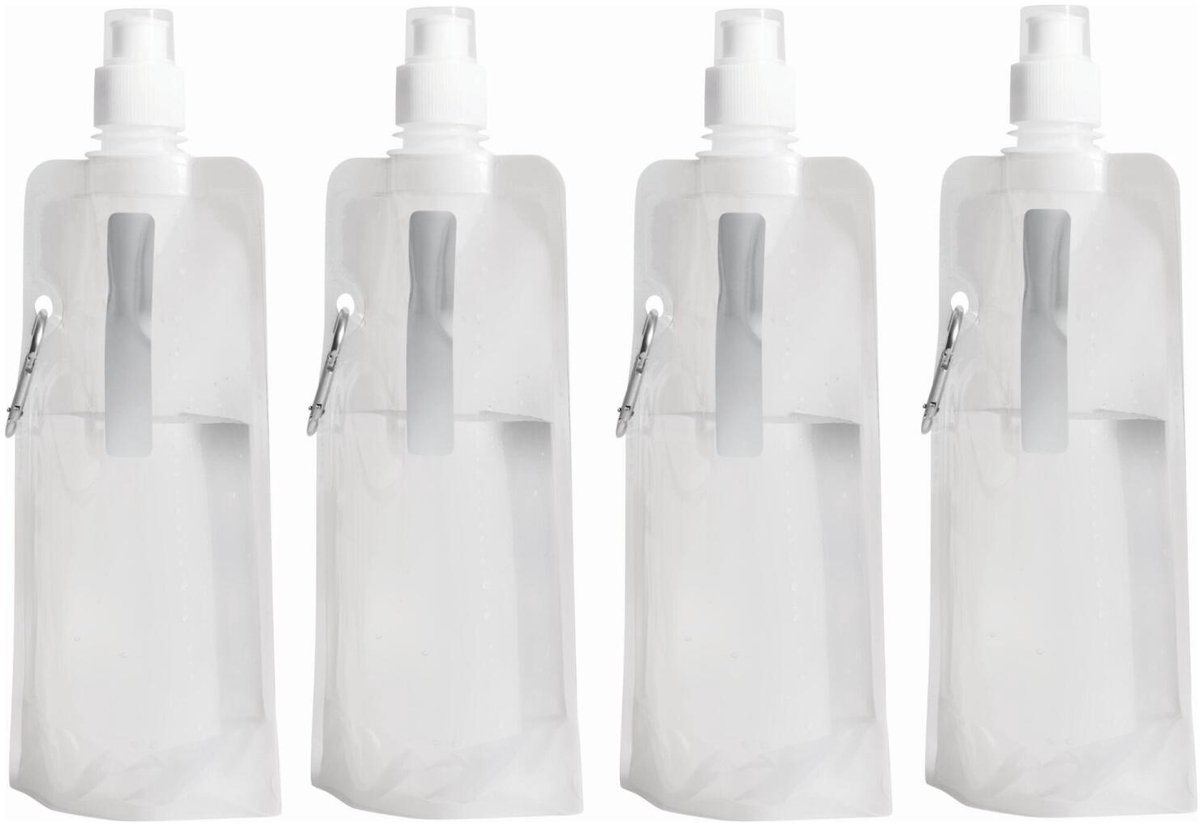 Trendoz Waterfles / drinkfles opvouwbaar - 4x - wit - kunststof - 400 ml - schroefdop - ophanghaak - sport - op reis - ruimtebesparend
