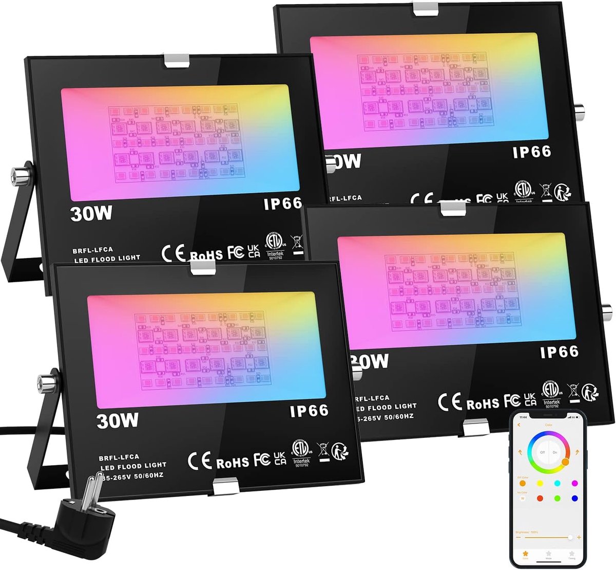 SnelShoppen - Pack van 4 30W RGB LED Spotlights met Bluetooth App Control, 16 Miljoen Kleuren, Intelligente Buitenverlichting, IP66 Waterdicht, Tuin S