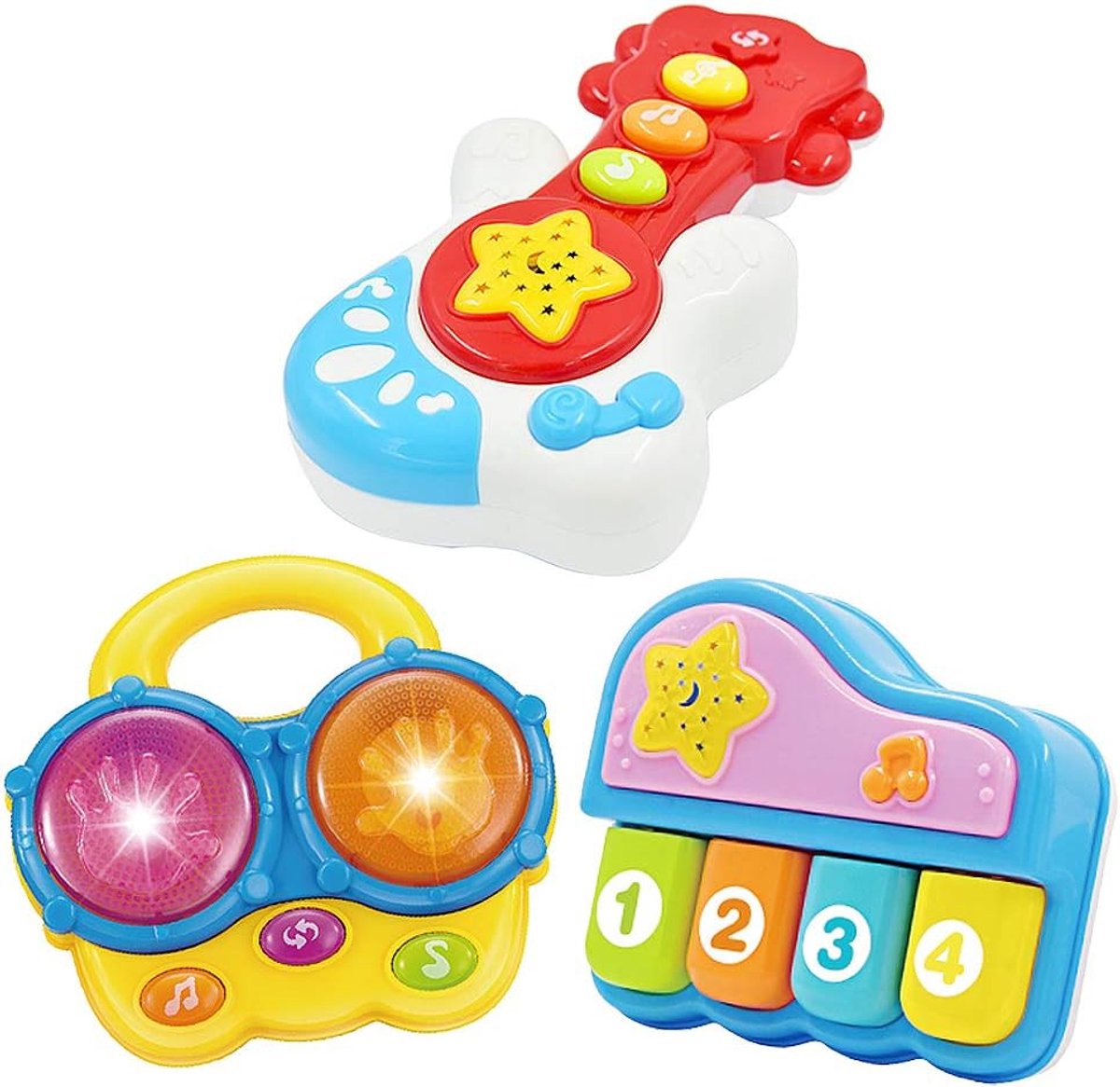 SnelShoppen - Baby Muziek Speelgoed Set 3-in-1 met Piano, Bongo's en Gitaar, Lichtprojector, 27 Liedjes, Educatief Speelgoed voor Kinderen vanaf 6 Maa