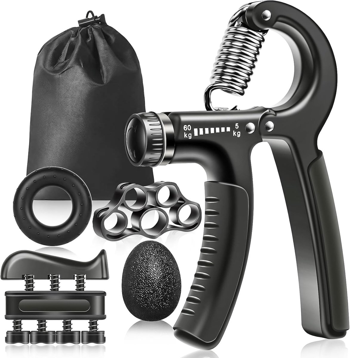 SnelShoppen - Handtrainer Vingertrainer Set van 5 met Verstelbare 5-60KG Handtrainer, Vingertrainingsapparaat, Vingerstretcher, Trainingsring, Stressb