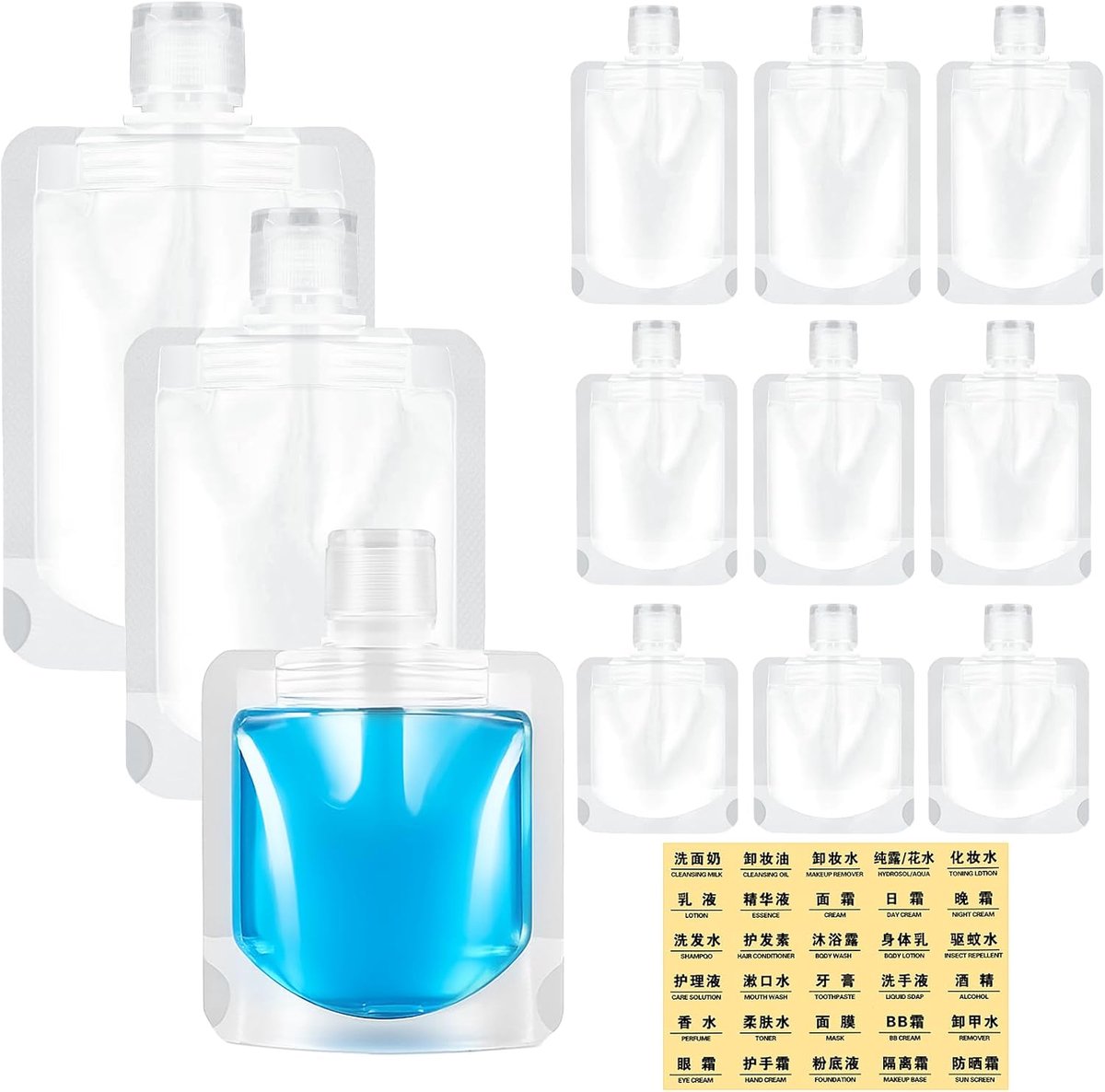 SnelShoppen - Set van 9 Reisflessen 30/50/100 ml - Navulbaar, Lege Knijpzakken, Transparante Clamshell-verpakking, Kunststof Reisvloeistof, Make-upver