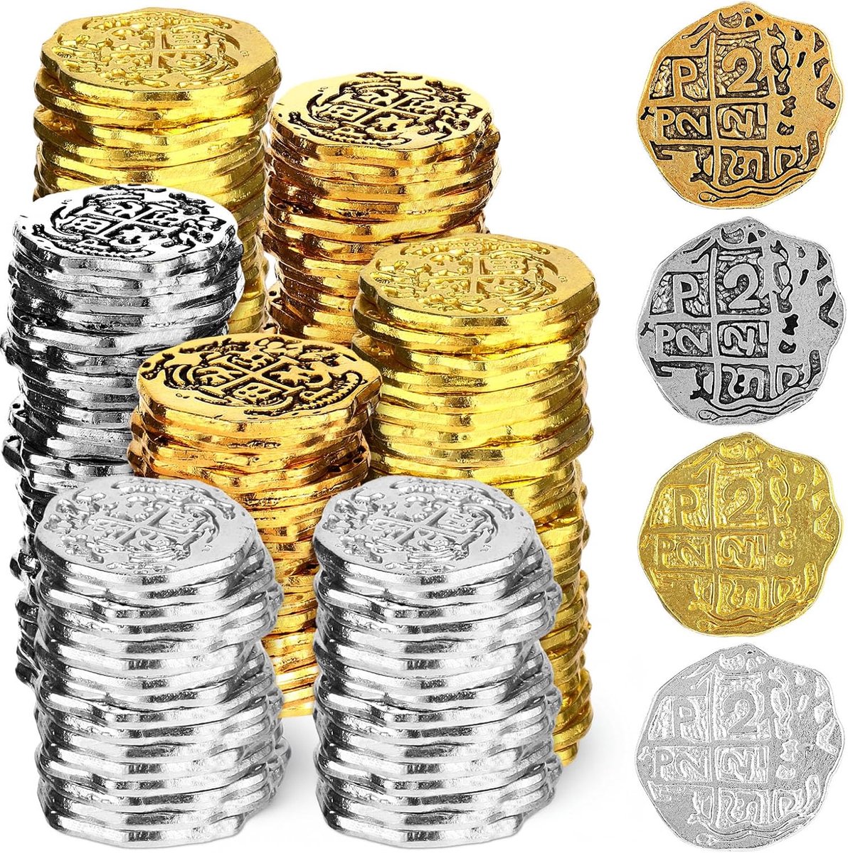 SnelShoppen - 60 Stuks Piratenmunten Metaal - Spaanse Doubloons Replica's - Speelgoed voor Feesten, Decoratie, Party Favor - Duurzaam en Veilig - 4 Kl