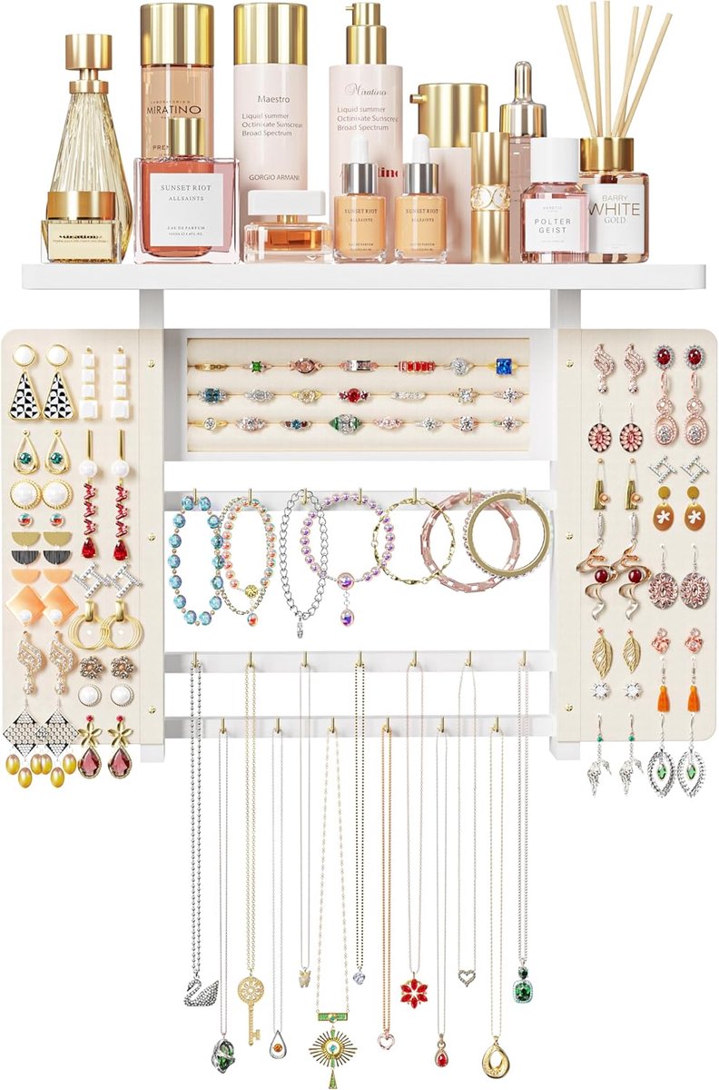 SnelShoppen - Earring Storage Solution - 4 Laags Muur Gemonteerde Oorbellenhouder, Houten Sieradenstand met 20 Haakjes, Ringen, Oorbellen, Armbanden O