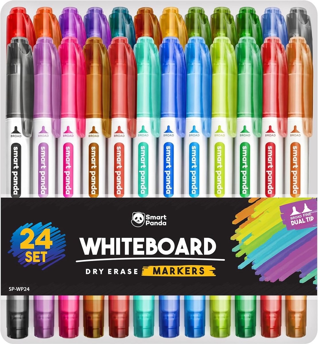 SnelShoppen - Whiteboard Stiften Set van 24 - Dubbele Punt Erasable Markers - Medium en Fijne Tip - Witte Bord Markers in Vrolijke Kleuren - Ideaal vo