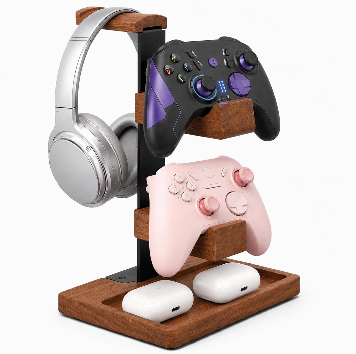 SnelShoppen - 3-in-1 Hoofdtelefoonhouder en Controllerhouder - Houten Stand voor Gaming Headset - Duurzaam Metalen Frame - Boombruin - Perfect voor Ga
