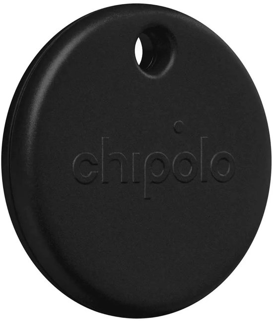 Zwarte, ronde Chipolo POP tracker met een gat voor een sleutelring en het Chipolo logo.