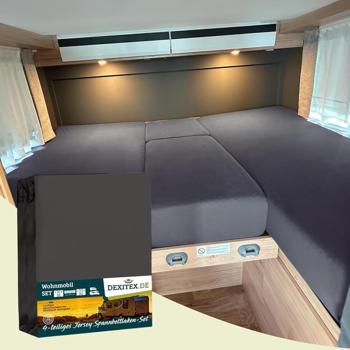 SnelShoppen - 4-delige hoeslakenset grijs voor campers en caravans - Oeko-Tex®-gecertificeerd 100% katoen - Perfecte pasvorm voor middenmatras