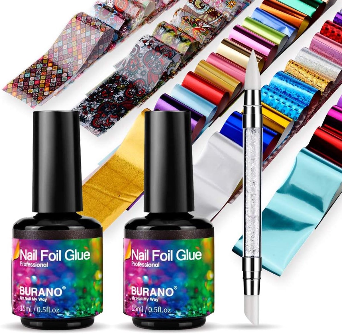 SnelShoppen - Nail Art Foil Glue Gel Set 15ML - 2 Flessen met 60 Stuks Sterrenhemel Foils - Luxe Nail Art Transfer Gel voor UV LED Lamp - DIY Nagels D