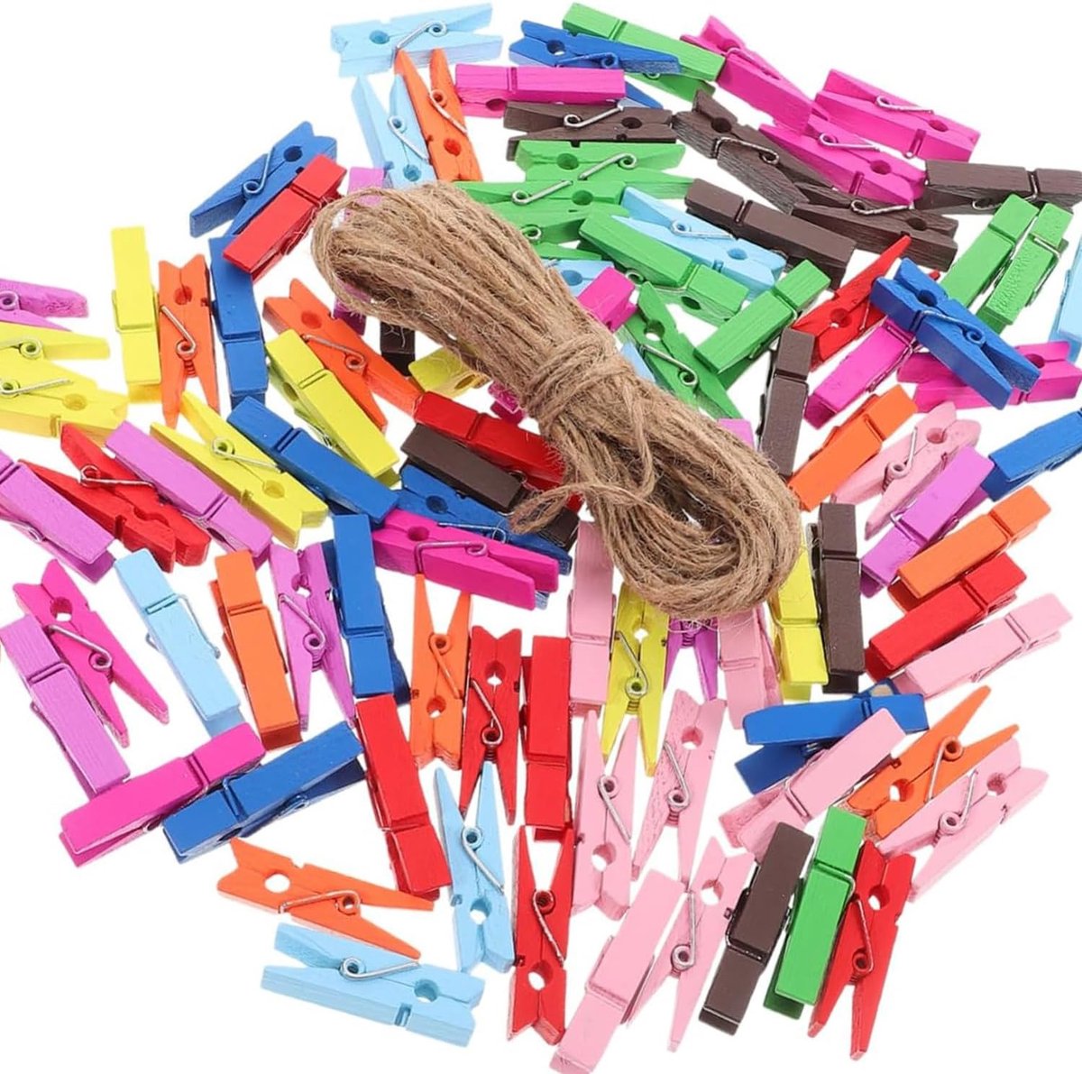 SnelShoppen - 100 Stuks Kleurige Mini Houten Klemmen 3.5cm - Kleine Foto Clips met 10m Jute Touw voor DIY Creaties, Memo Bord, Foto's Hangen, Feest De
