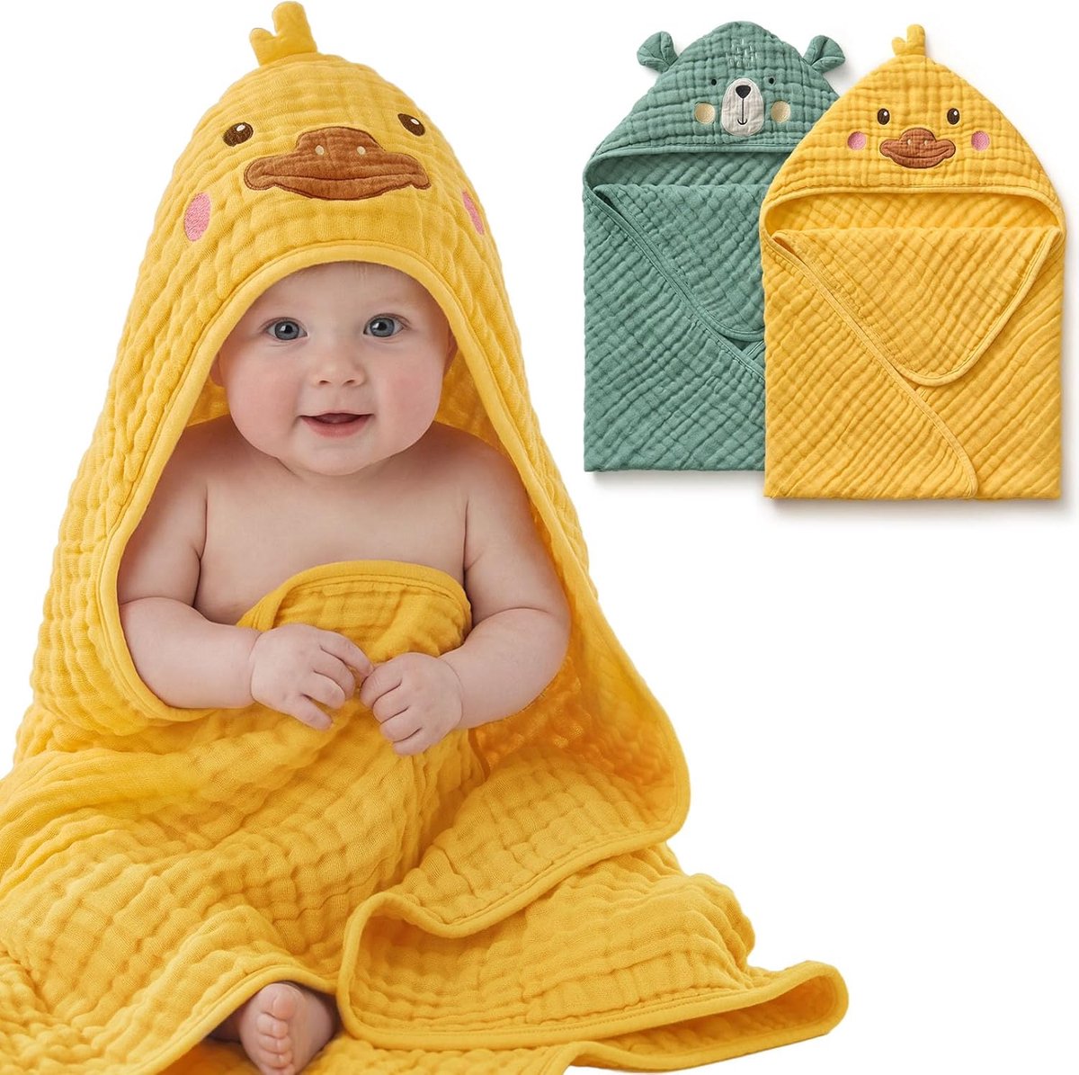 SnelShoppen - 2-Pack Baby Badhanddoeken Met Kap, Hooded Towel, 81x81cm, Muslin Katoen, Extra Zacht En Sterk Absorberend, Perfect Cadeau Voor Nieuwe Ba