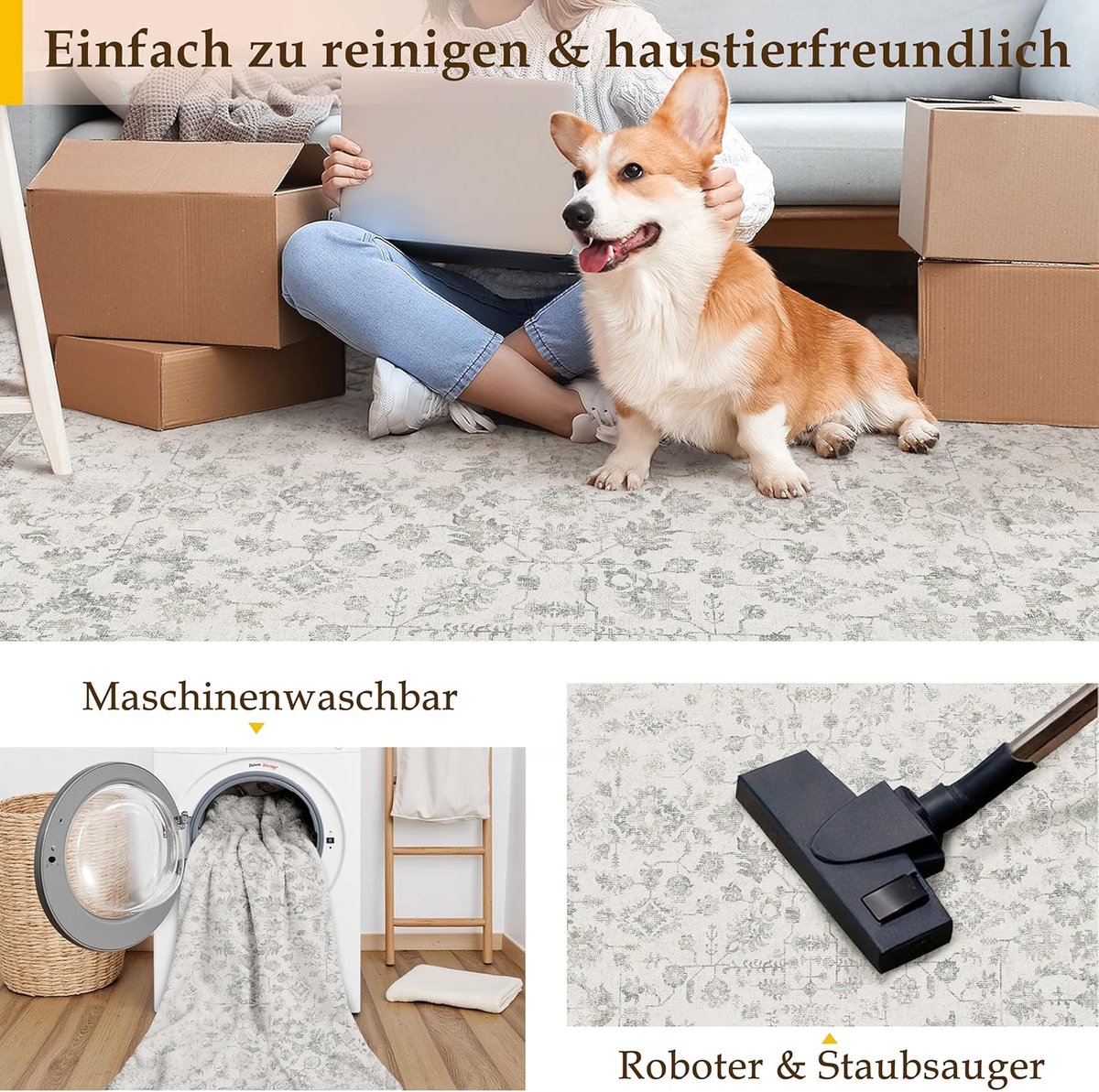 SnelShoppen - Vintage Grijze Wasbare Loper 60x180cm - Zachte Antislip Tapijt voor Keuken, Gang, Woonkamer, Slaapkamer met Bloemenpatroon