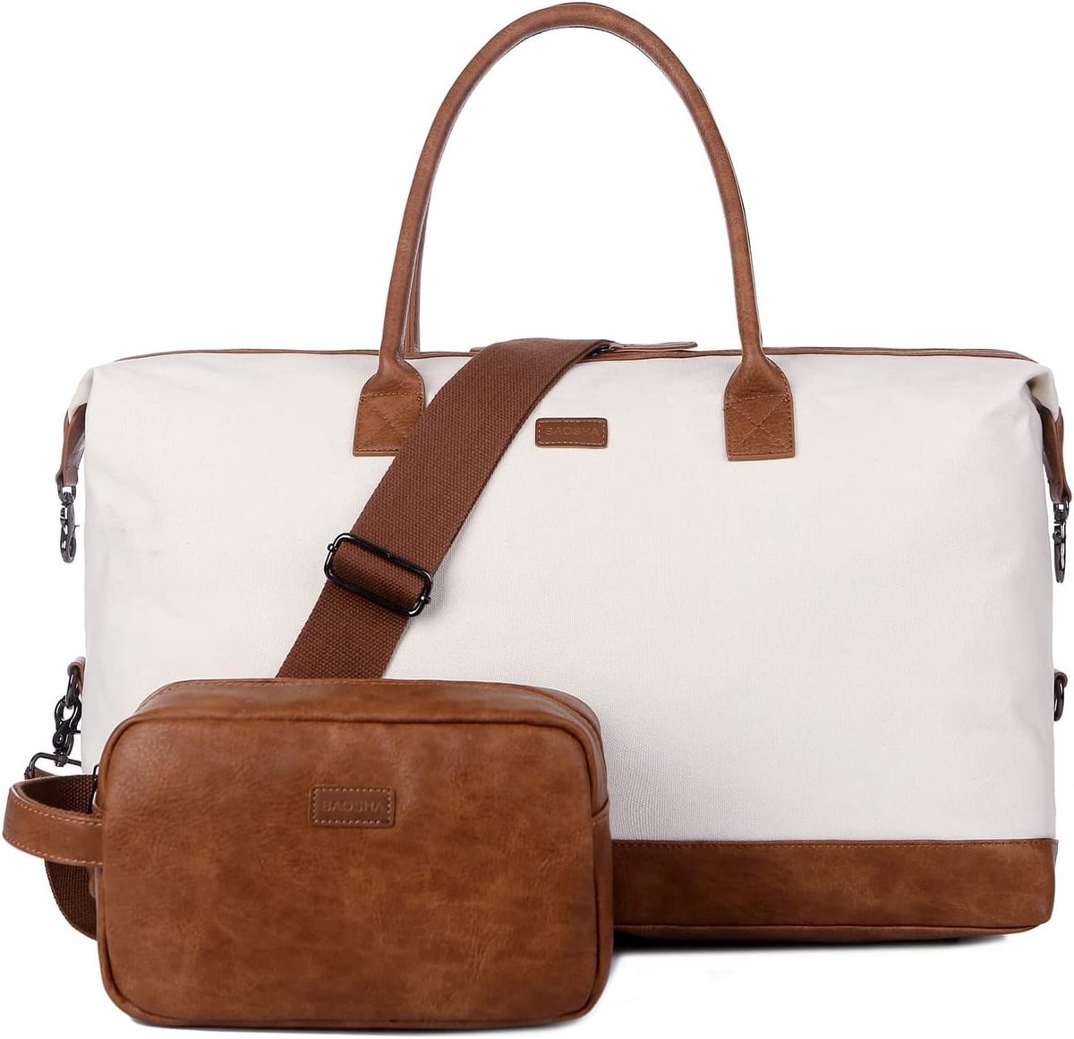 SnelShoppen - Grote Canvas Reistas voor Vrouwen met Toilettas - Ruime Weekendtas in Beige/Wit - Ideaal voor Reizen, Sport, en Dagjes Uit - 54x33x24cm
