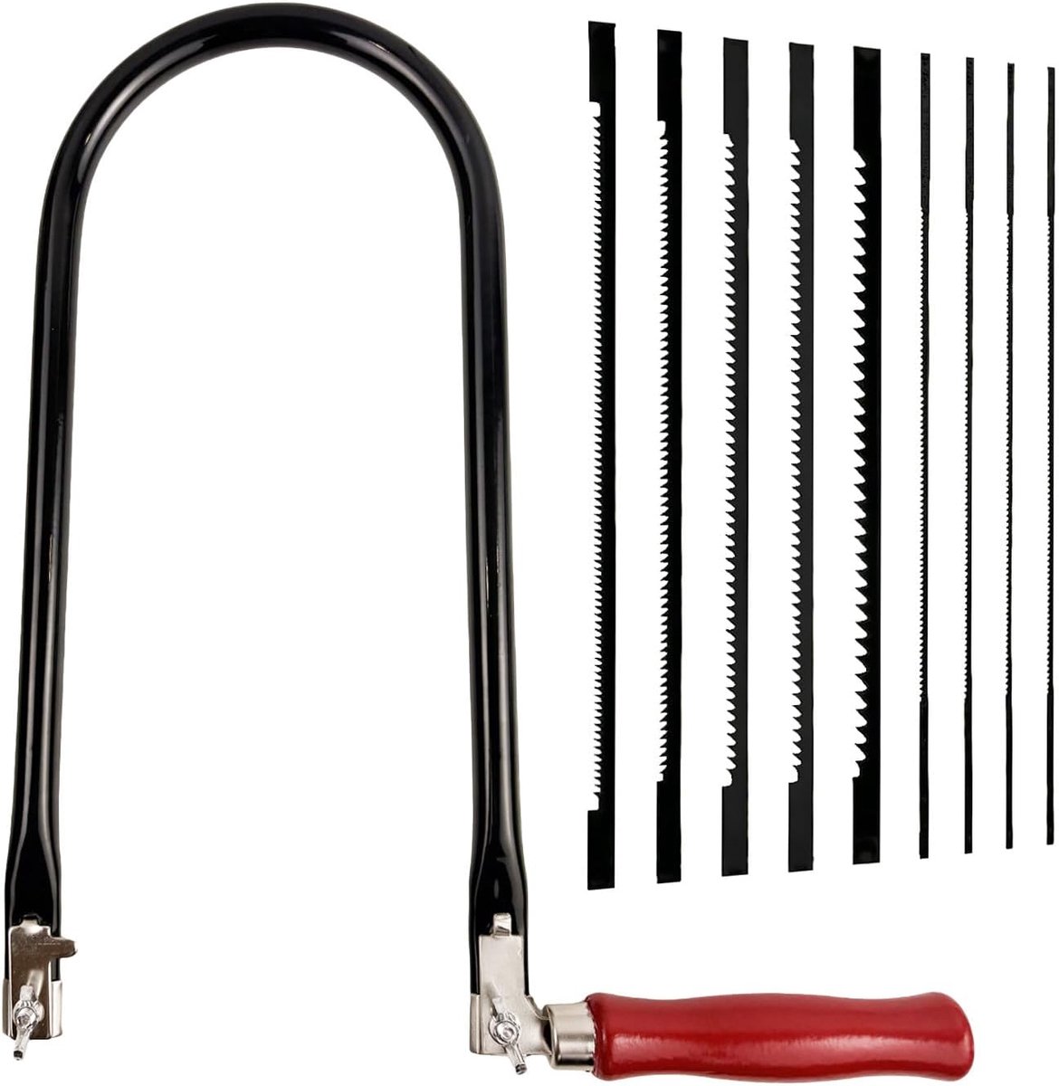 SnelShoppen - Zwarte figuurzaagset met 8 zaagbladen (4, 6, 8, 10 inch) voor fijne houtbewerking en metaalbewerking, 360° draaibaar, ijzerzaag met hout