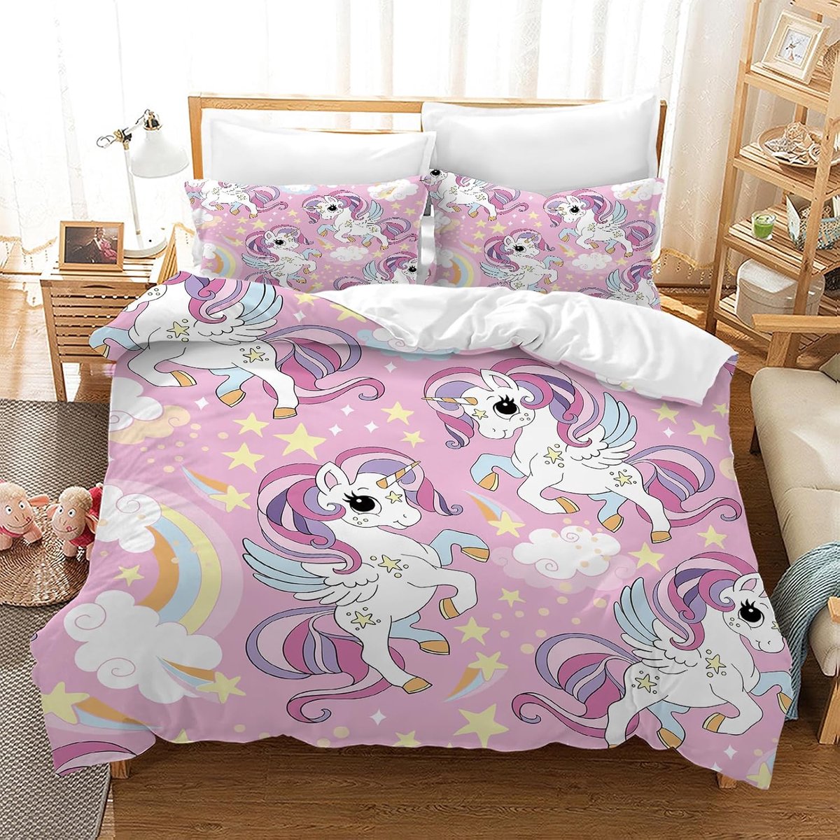 SnelShoppen - Beddengoedset voor Meisjes, Roze 3D-Cartoon en Kleurrijke Bloemenprint, Dekbedovertrekset 200 x 200 cm met Ritssluiting en Kussensloop 5