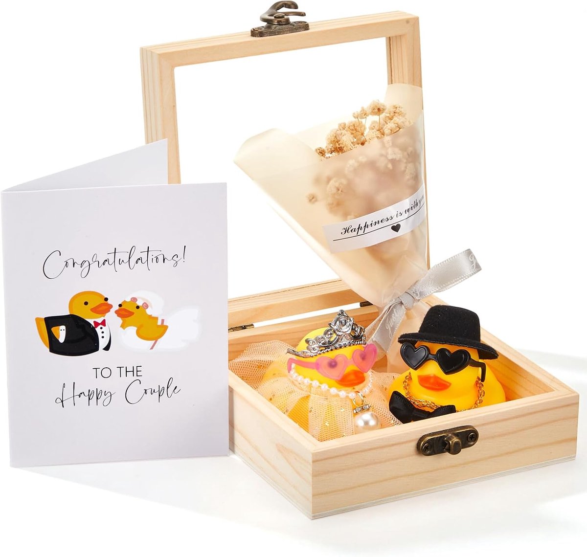 SnelShoppen - 5 Stuks Set Rubberen Badeendjes Bruid en Bruidegom Grappig Huwelijksgeschenk Cadeau voor Trouwen, Gipskruid Boeket en Wenskaarten