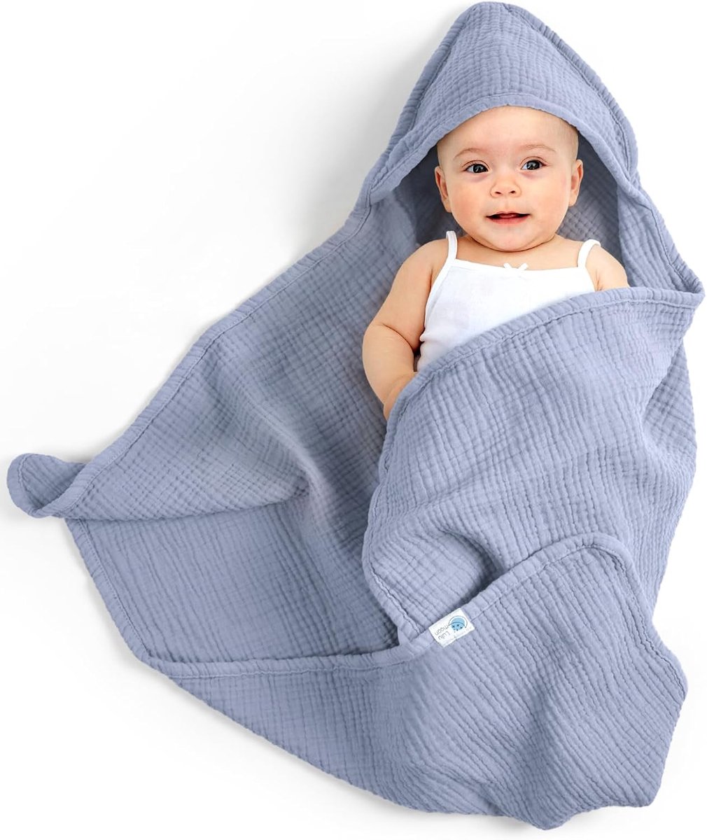 SnelShoppen - Babyhanddoek met capuchon - Extra zachte mousseline katoen - 75 x 76 cm - Blauw - Geschikt voor 0-18 maanden - Absorberend en ideaal voo