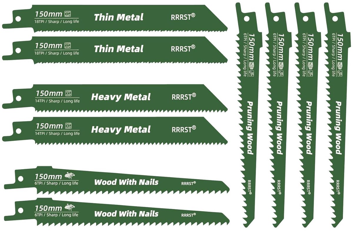 SnelShoppen - 10-delig Reciprozaagbladenset, 4 Soorten 150mm Zaagbladen voor Hout, Metaal, Kunststof, met Organizer Case voor Tuin en Klussen