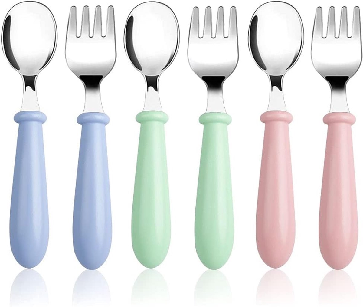 SnelShoppen - Baby Eetset 6 Stuks Lepel en Vork, Verhoogt Eetlust, Metalen Bestek met Ronde Grepen, Vaatwasbestendig, Ideaal voor Kinderen en Baby's