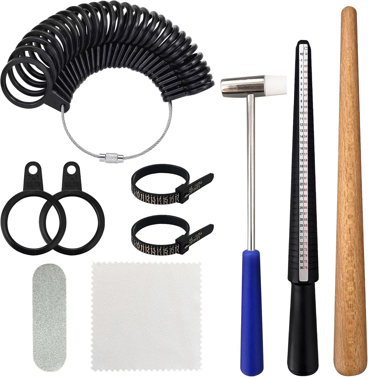 SnelShoppen - 10 stuks Ringmaatmessen Set, Vingergereedschap voor Meten, Ringmaatmeter met Kunststof Hamer, Polijststaafjes en Doeken, Perfect voor Ju