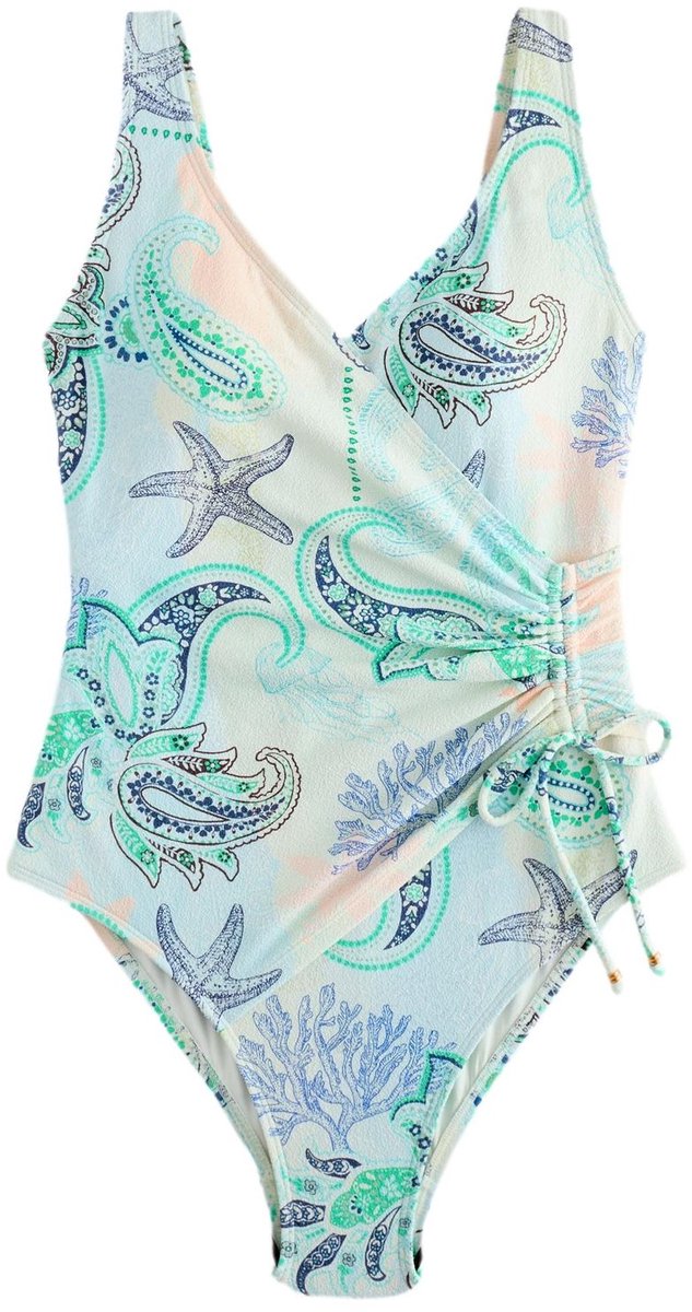 Next Dames - Vormgevend en buikcorrigerend badpak met gerimpelde zijkant - Crème Pastel Blue/Cream Octopus Textured