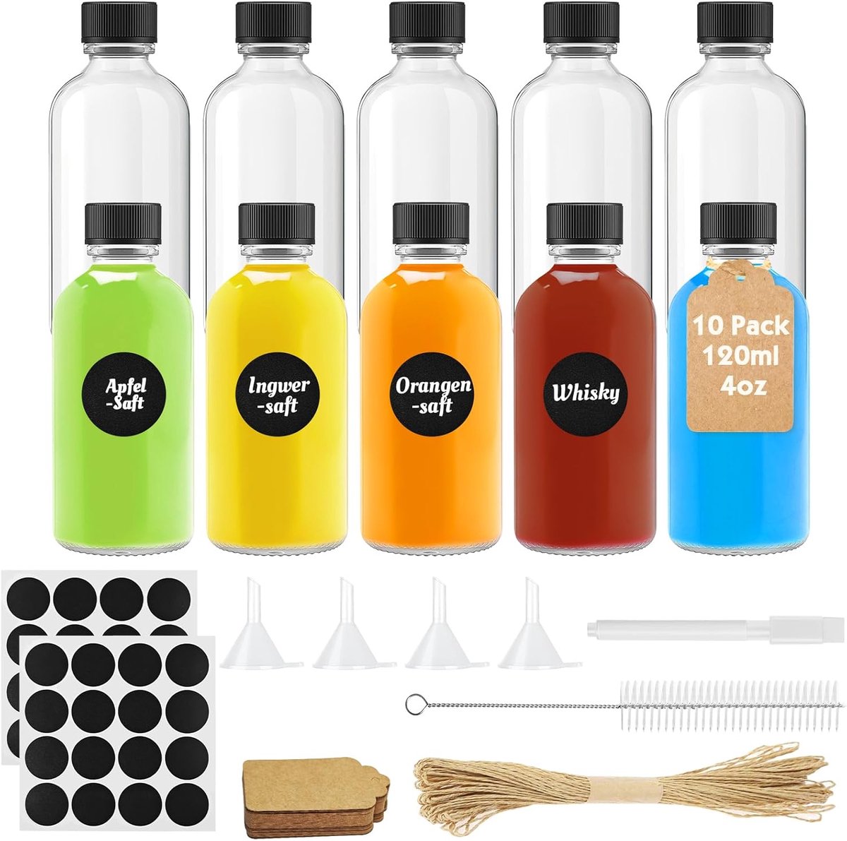 SnelShoppen - 10 Stuks 120ML Glazen Shotflessen, Mini Herbruikbare Shotglaasjes met Deksel, Trechters, Etiketten en Pennen voor Gember, Likeur en Dran