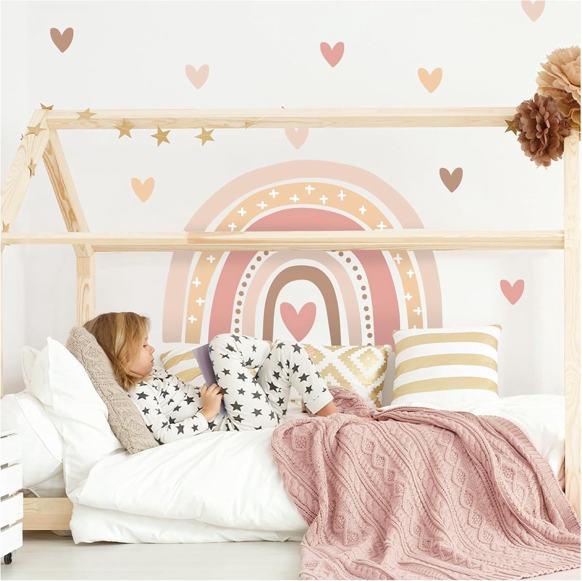 SnelShoppen - Little Deco Muursticker Regenboog Boho Wandtattoo Hartjes voor Kinderkamer en Babykamer - Diverse Maten en Kleuren - Wanddecoratie voor