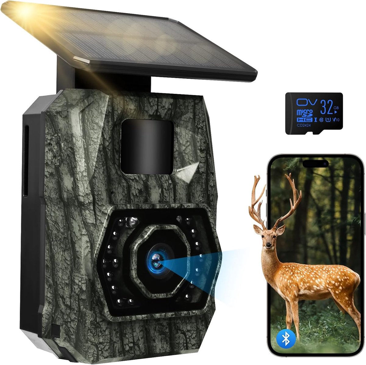 SnelShoppen - Wildcamera Wifi met Zonnebatterij, 5.2Ah, Nachtzicht, 0.1s Trigger, IP66 Waterdicht, Perfect voor Dierenbewaking, Jagers en Natuurobserv