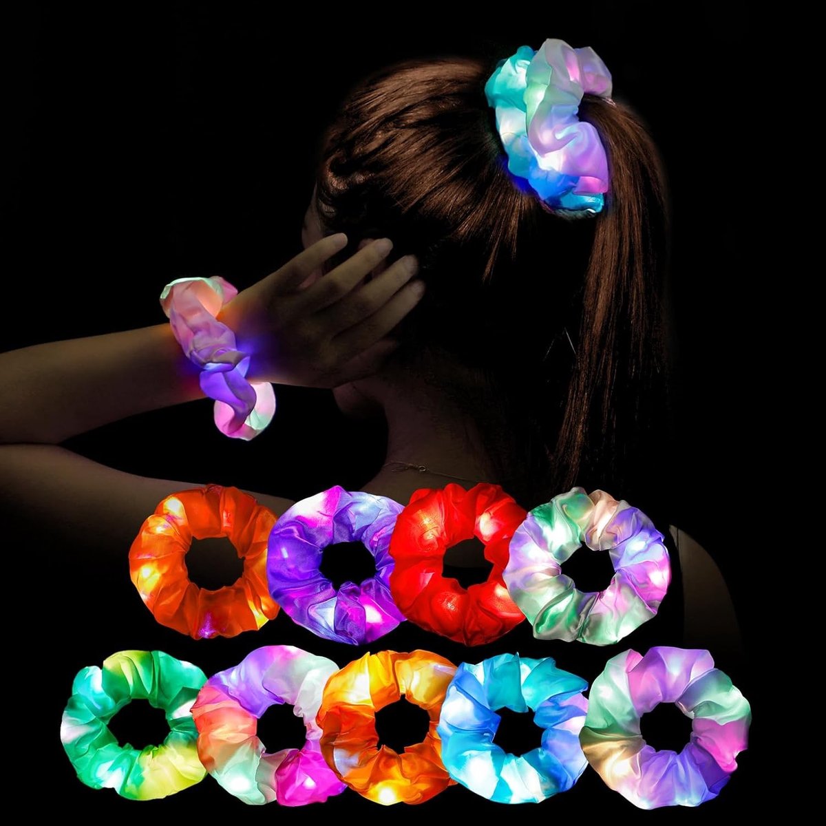 SnelShoppen - Led-haarelastiekjes voor meisjes, lichtgevende haaraccessoires, 9 stuks, neon party decoratie, satijn haarelastiek, give aways, kinderve