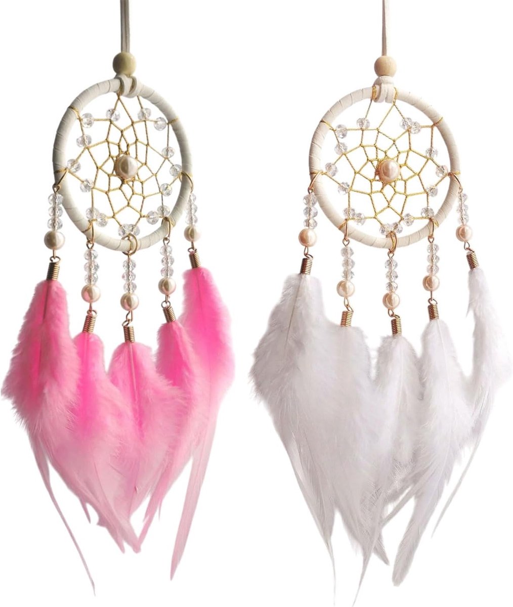 SnelShoppen - 2 Handgemaakte Dromenvangers voor Kinderen - Wit + Roze - Boheemse Wanddecoratie met Veren en Kralen - Perfect Cadeau voor Meisjes en Ki