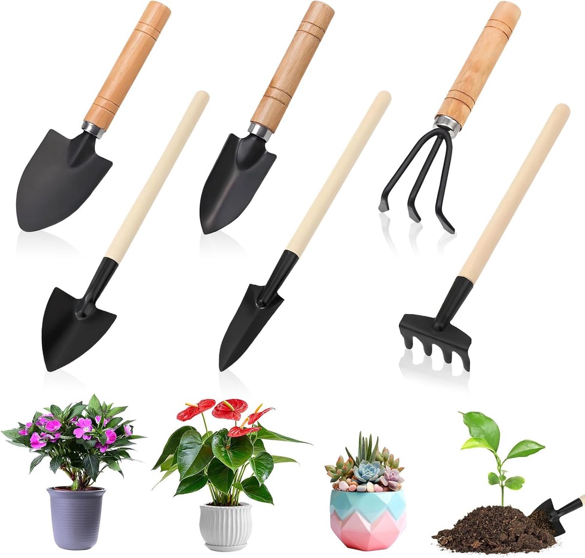 SnelShoppen - 6 Stuks Mini-Tuingereedschap Set - Compact Tuingereedschap met Houten Handvat - Schep, Spade, Hark voor Potplanten en Vetplanten - Ideaa