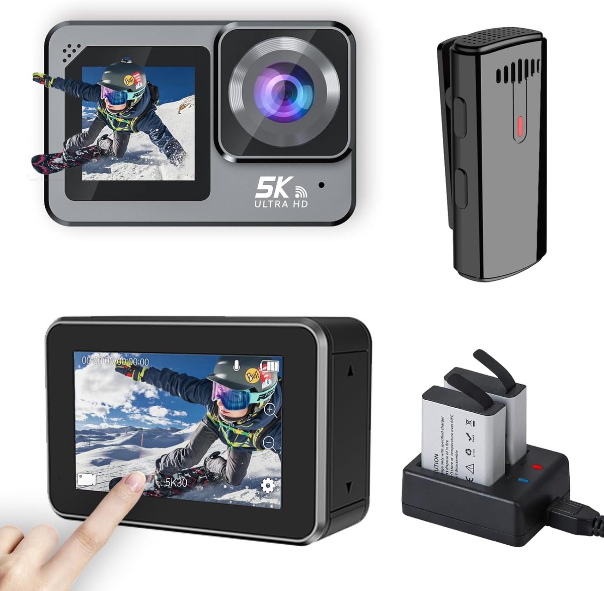 SnelShoppen - 5K Action Cam met Anti-Schudden, 2,2 Inch Dual-Scherm, Touchscreen, Wifi Afstandsbediening, Draadloze Microfoon, Onderwatercamera met Ac