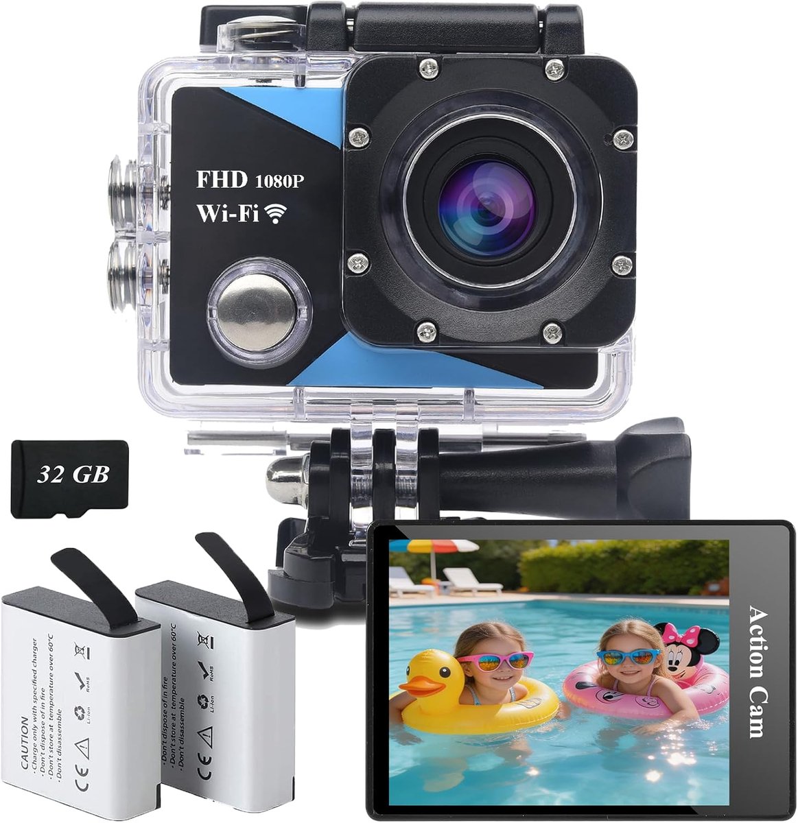 SnelShoppen - Action Cam 1080P Wifi-Actiecamera met 32 GB, Waterdicht tot 30M, Sportcamera met 2 x 1050 mAh Accu's en Accessoireset voor Fietsen, Onde
