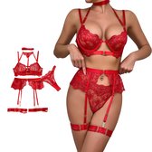 Sexy Kanten Lingerie Set Rood - BH, String & Jarretelgordel - Met Beugel - Verstelbare Bandjes - Rood Kant - Vrouwen / Dames Ondergoed - Maat XL