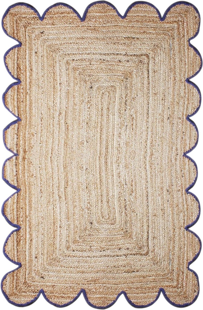 Rechthoekig Vloerkleed - Jute Tapijt - Woonkamer Decoratie - Gevlochten Sint-Jakobsschelp Design - 150x210 cm - Beige en Blauw