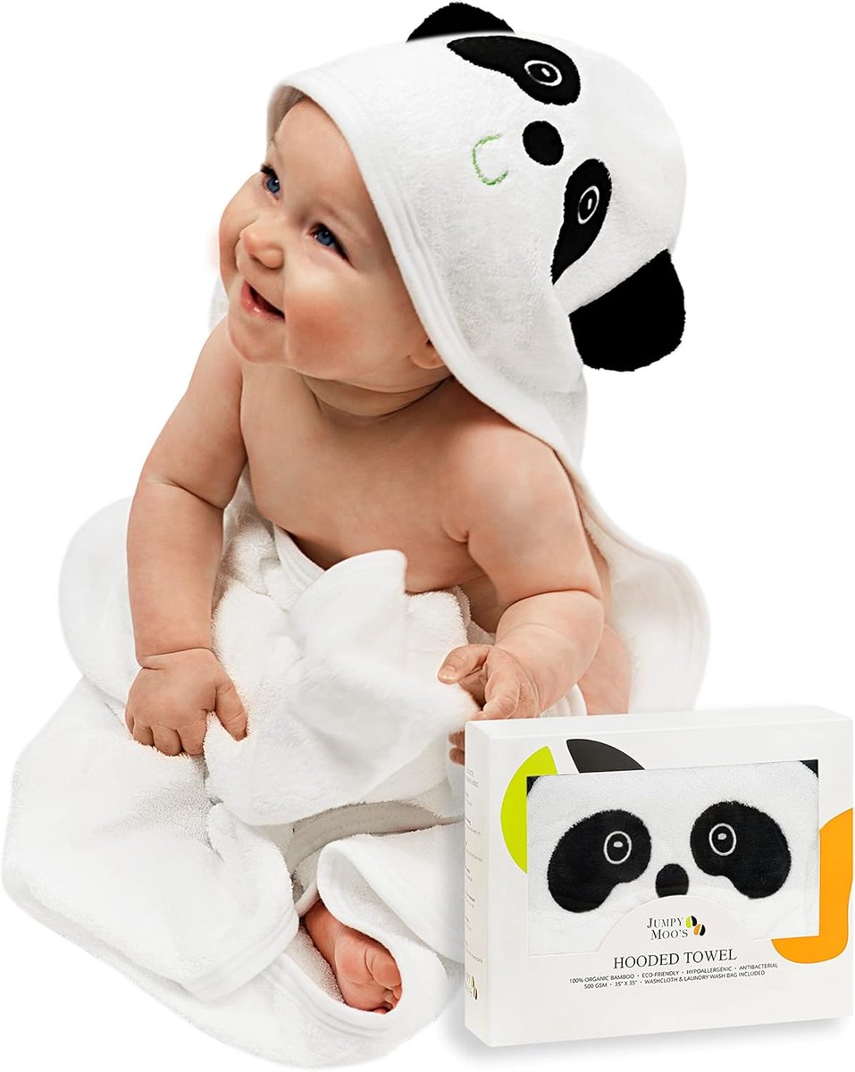 SnelShoppen - Jumpy Moo Baby Handdoek met Kap - 100% Organisch Bamboe, Zacht en Absorberend, Inclusief Washand en Waszak, Perfect Kraamcadeau voor Pas