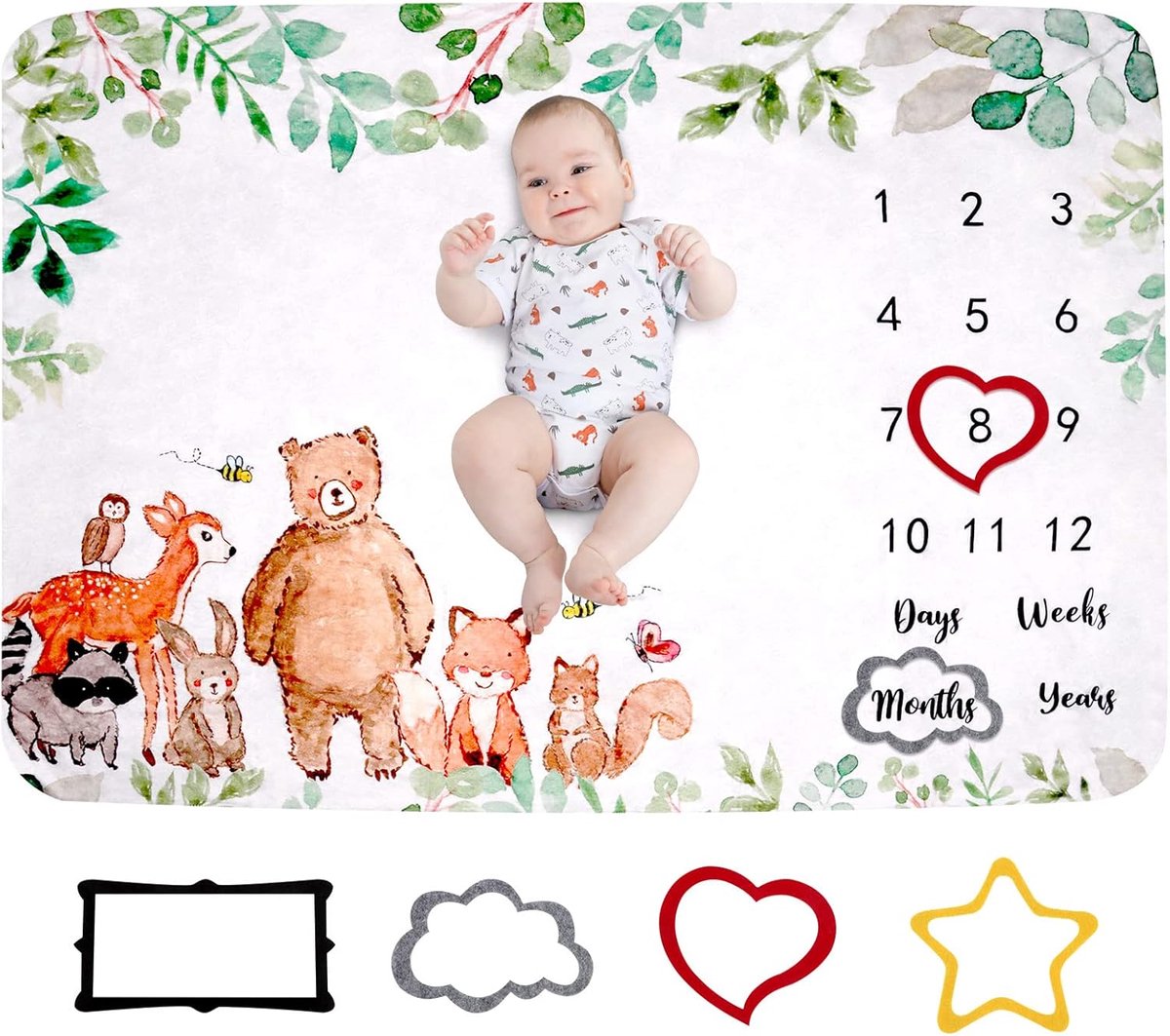 SnelShoppen - Baby Mijlpaal Dekentje 130x100cm - Persoonlijke Groeikalender - Fotoprops voor Baby's - Leuk Kraamcadeau - Schattige Maandelijkse Mijlpa