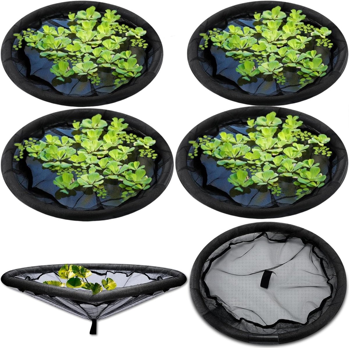4-delige ronde drijvende plantenbarrière - 45 cm - Polyester - Beschermende hoes voor drijvende planten - Dit drijvende planteneiland voor de vijver beschermt uw waterplanten tegen vissen - Zwart
