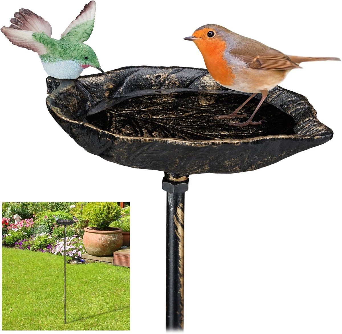 Thijox - Vogelijzer Gietijzer Vogelbad met Voederschaal en Waterschaal voor Tuin en Terras, 1m Hoog, Brons Decoratie voor Vogels