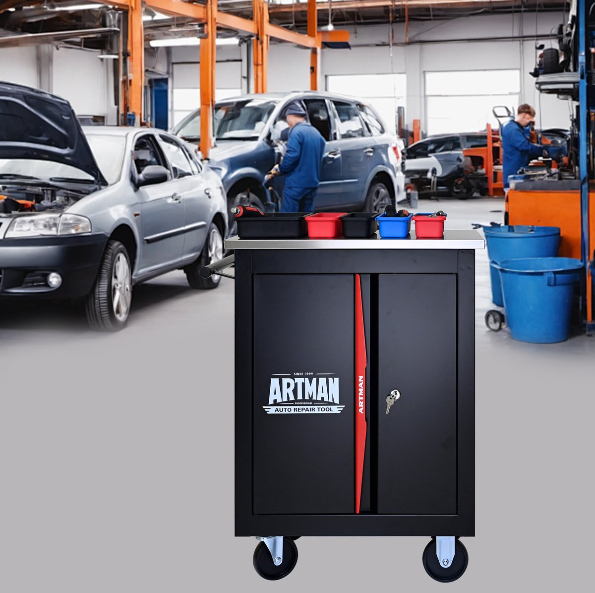 MODENUIT Gereedschapskar - Dubbele Deur Met Slot En Wielen - Voor Garage En Werkplaats - Staal - Zwart/Rood