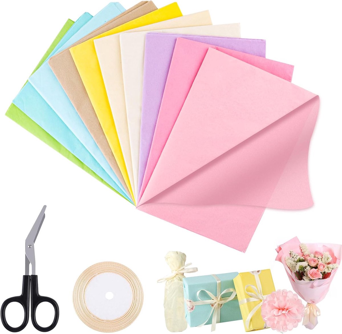 SnelShoppen - 100 Vellen Kleurrijk Tissuepapier 50 x 70 cm voor Feest, Verpakking, Cadeaus - 10 Kleuren, Inclusief Beige Lint en Schaar