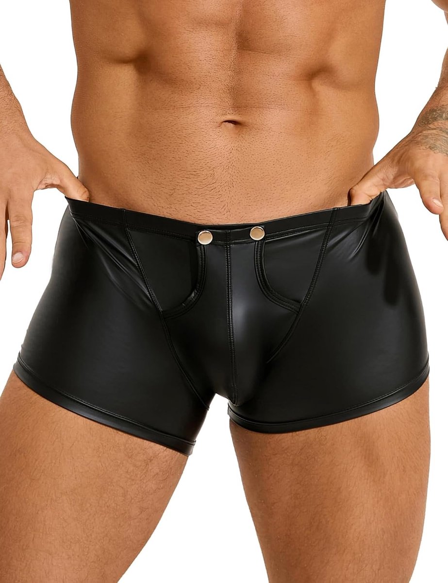 SnelShoppen - Sexy Boxer Shorts Heren Open PU Leer Ondergoed met Pocket Plus Size Knickers met Knopen Sissy Lingerie Tantalizing Erotische Shorts Brie