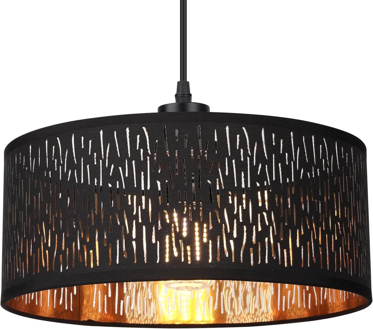 SnelShoppen - Moderne Hanglamp Zwart Goud, E27 Ronde Stoffen Lampenkap, Minimalistisch Ontwerp voor Woonkamer, Eetkamer, Slaapkamer, Handgemaakt